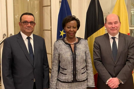SE Monsieur Vijayen Valaydon, la Secrétaire générale Louise Mushikiwabo, et le Délégué général Marc Clairbois